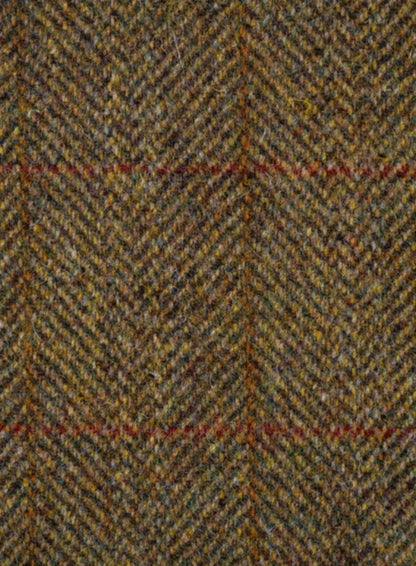 Tweed fabric in a mustard yellow & brown herringbone with an orange and red overcheck Gilet 
