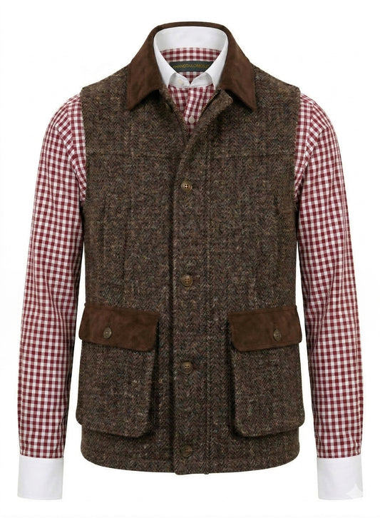 Tweed green & brown herringbone Gilet