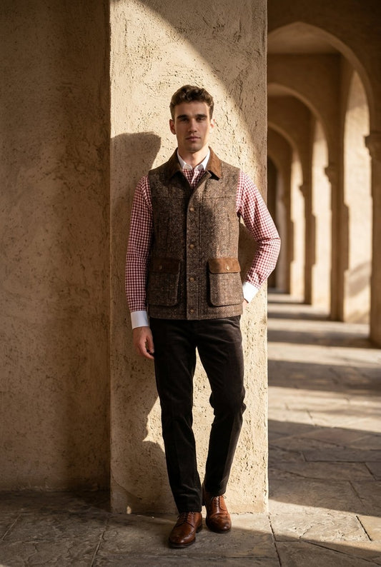 Tweed green & brown herringbone Gilet £550