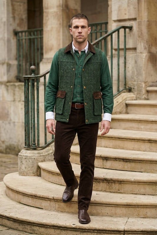 Tweed green wide herringbone Gilet £550