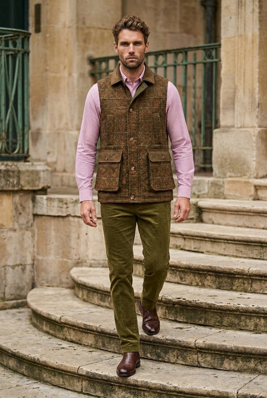 Tweed green & yellow colour with a multicoloured overcheck Gilet £550