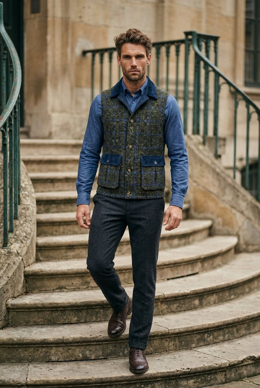 Tweed grey &amp; blue check Gilet £550