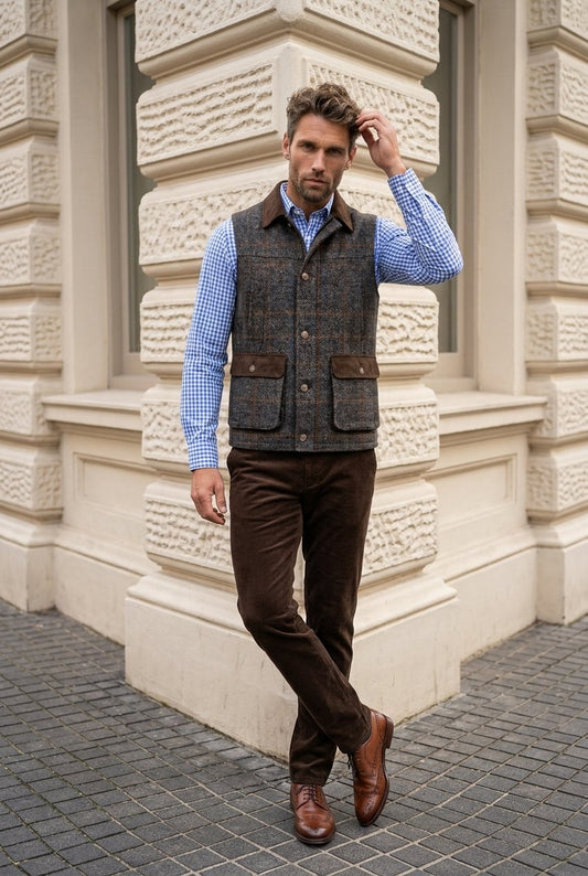 Tweed grey/ brown herringbone rusty orange/ blue overcheck Gilet £550