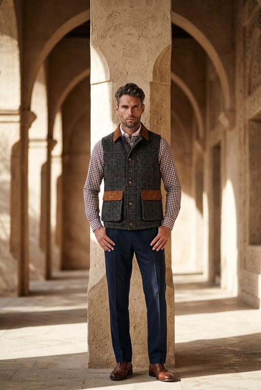 Tweed multi coloured brown herringbone with an overcheck Gilet £550