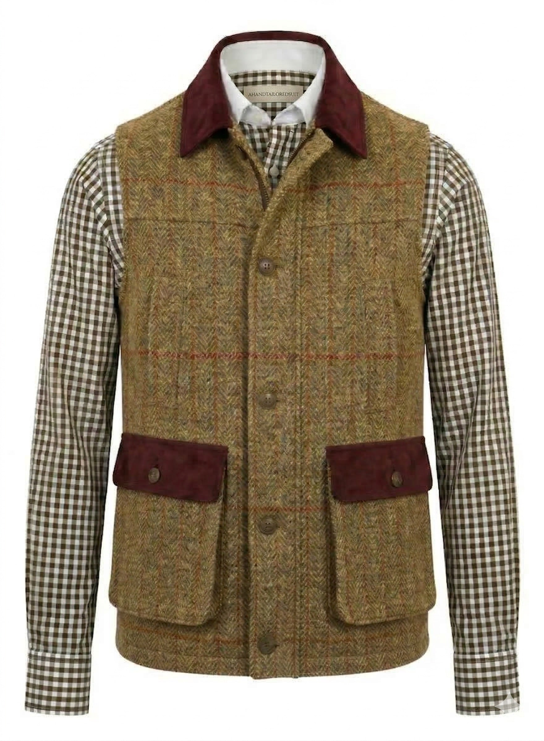 Tweed mustard yellow/ brown herringbone with orange/ red overcheck Gilet