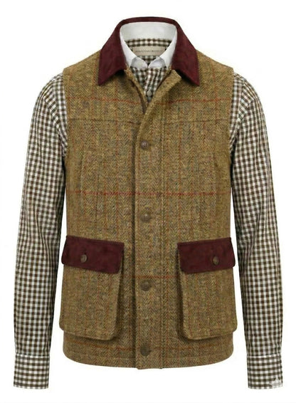 Tweed mustard yellow/ brown herringbone with orange/ red overcheck Gilet
