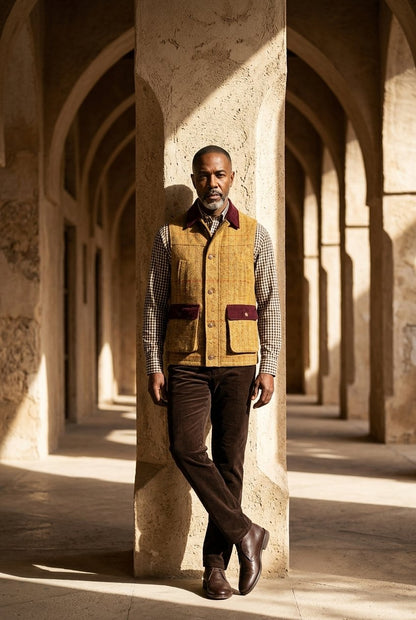 Tweed mustard yellow/ brown herringbone with orange/ red overcheck Gilet £550