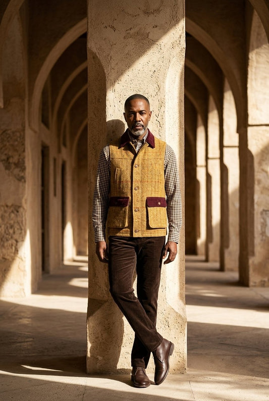 Tweed mustard yellow/ brown herringbone with orange/ red overcheck Gilet £550