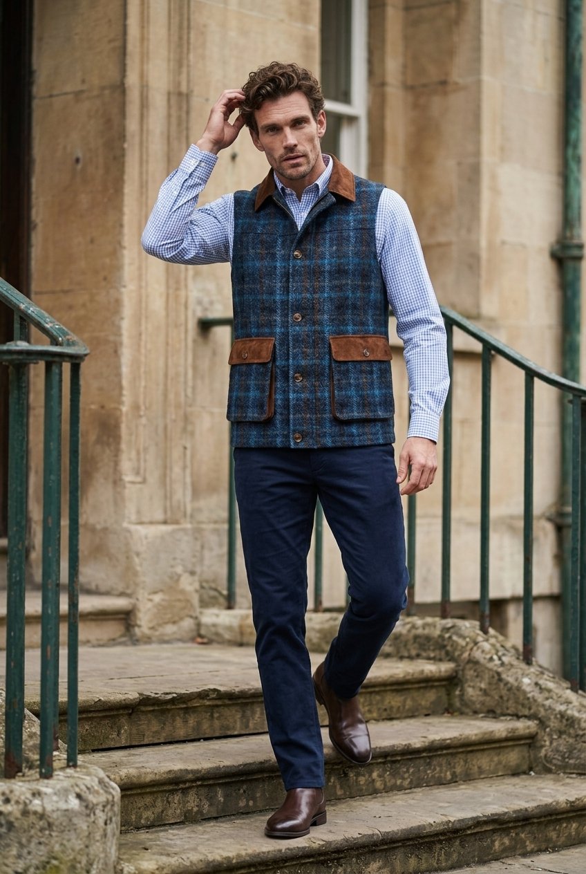 Tweed navy, blue and brown check Gilet £550