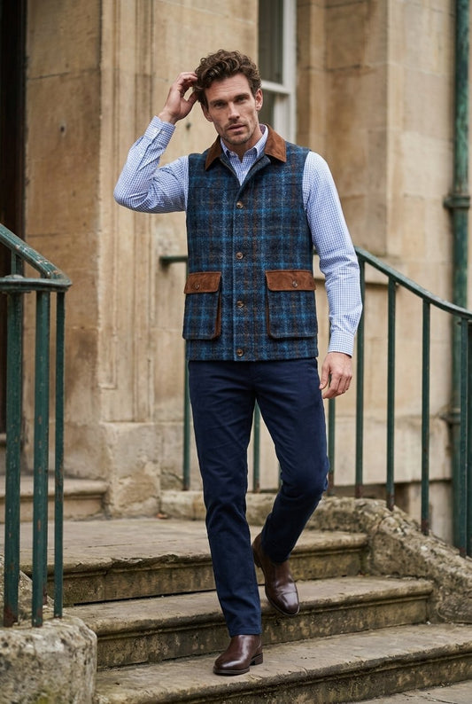 Tweed navy, blue and brown check Gilet £550