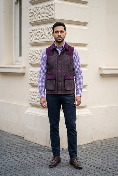 Tweed purple &amp; green herringbone with an overcheck Gilet £550