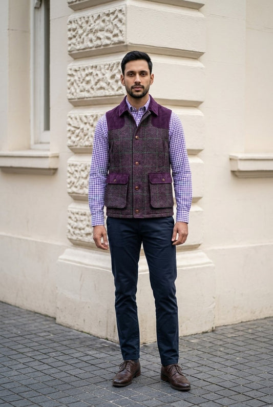 Tweed purple &amp; green herringbone with an overcheck Gilet £550