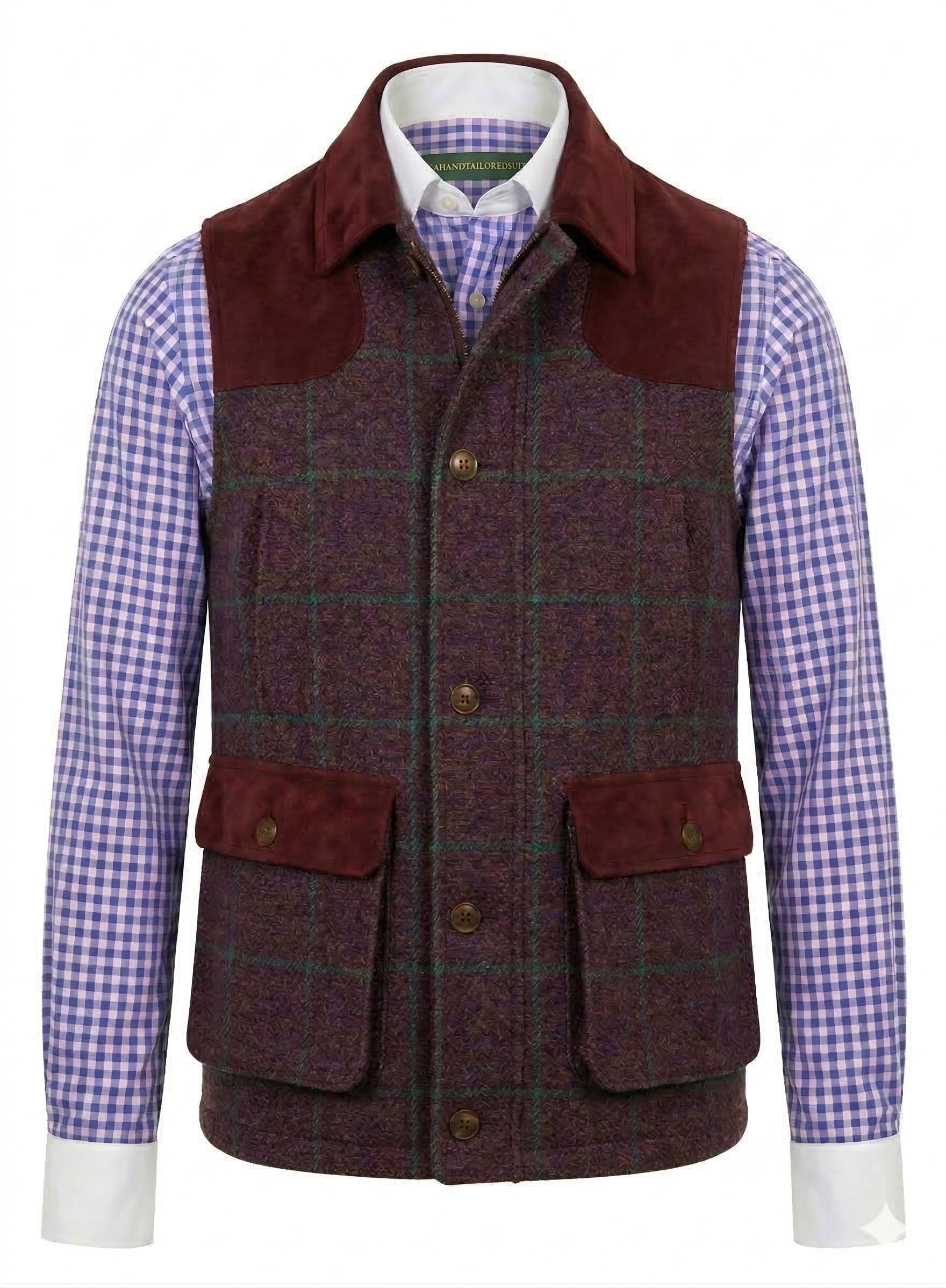 Tweed purple & green herringbone with an overcheck Gilet