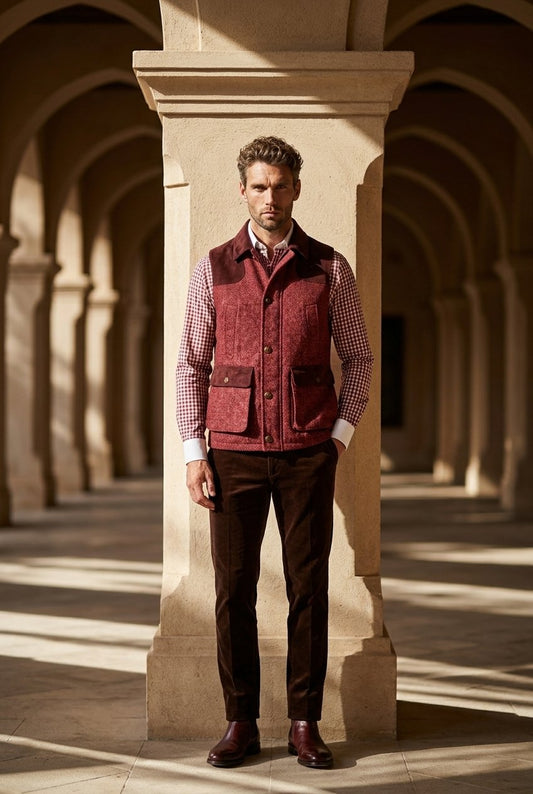 Tweed red & pink herringbone Gilet £550