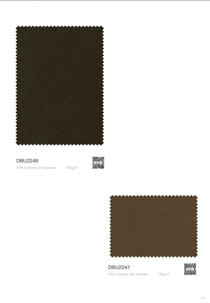 Two fabric color swatches on a white page, labeled DBU2248 and DBU2247, with small QR codes and text beneath each swatch.