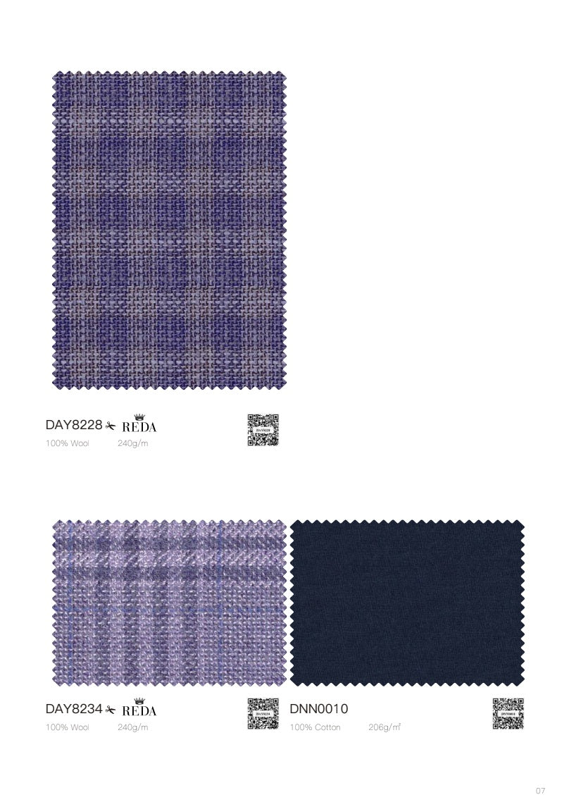 Two fabric swatch cards on a white background. The top swatch card shows a purple and gray plaid woven pattern labeled DAY8228 x RF01A.