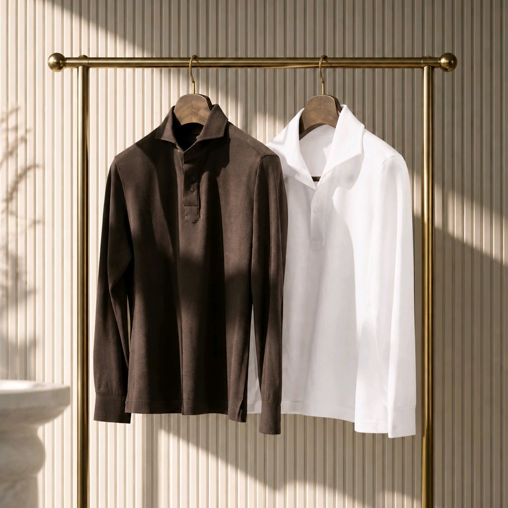Two long-sleeve collared button-front shirts hanging on a brass rack: one dark brown and one white, set against a beige ribbed wall with soft sunlight and shadows.