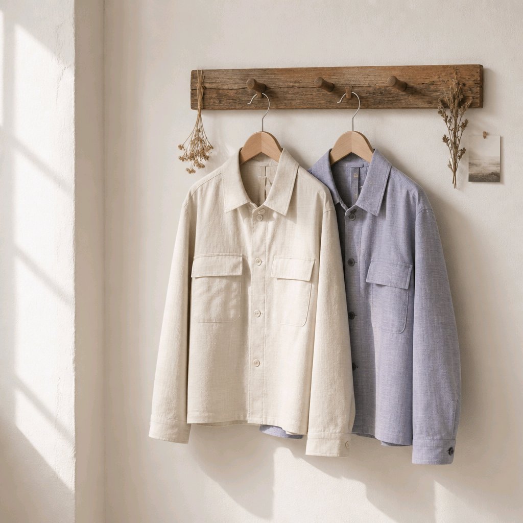 Two long-sleeve linen button-up shirts hang on a rustic wooden wall rack. The shirt on the left is a warm cream/off-white color, and the shirt on the right is a muted dusty lavender-gray.