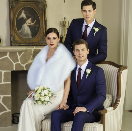 Two men and a woman in formal attire sitting on a couch in a room with a fireplace and decorative items.