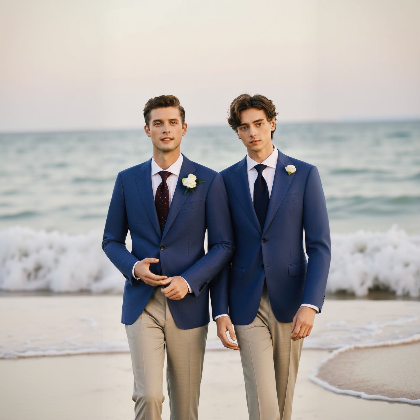 Two men in blue suits standing on a beach with ocean waves in the background