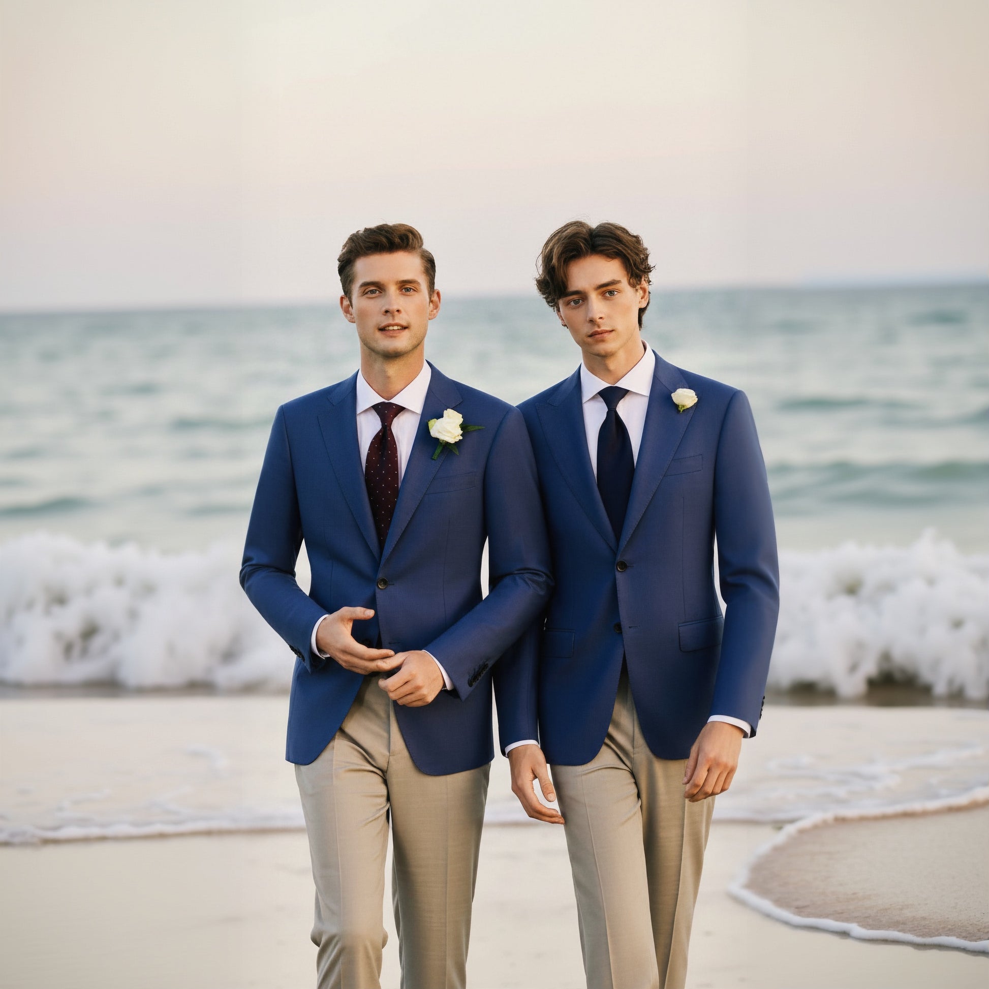 Two men in blue suits standing on a beach with ocean waves in the background