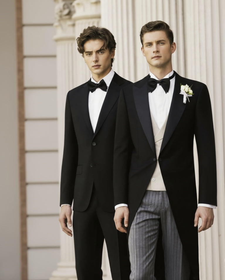 Two men in formal black tuxedos standing in front of classical architecture.