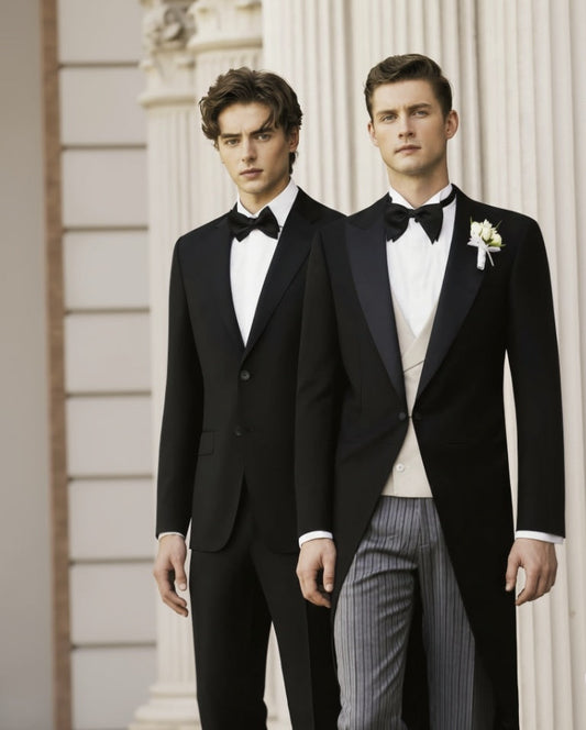 Two men in formal black tuxedos standing in front of classical architecture.