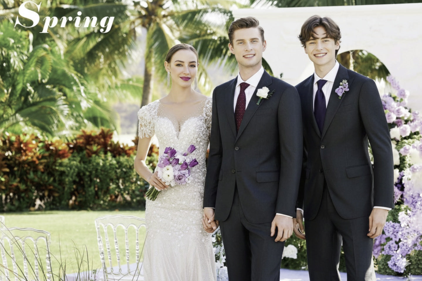 Two men in suits standing next to a woman in a wedding dress with 'Spring' text and floral decorations.