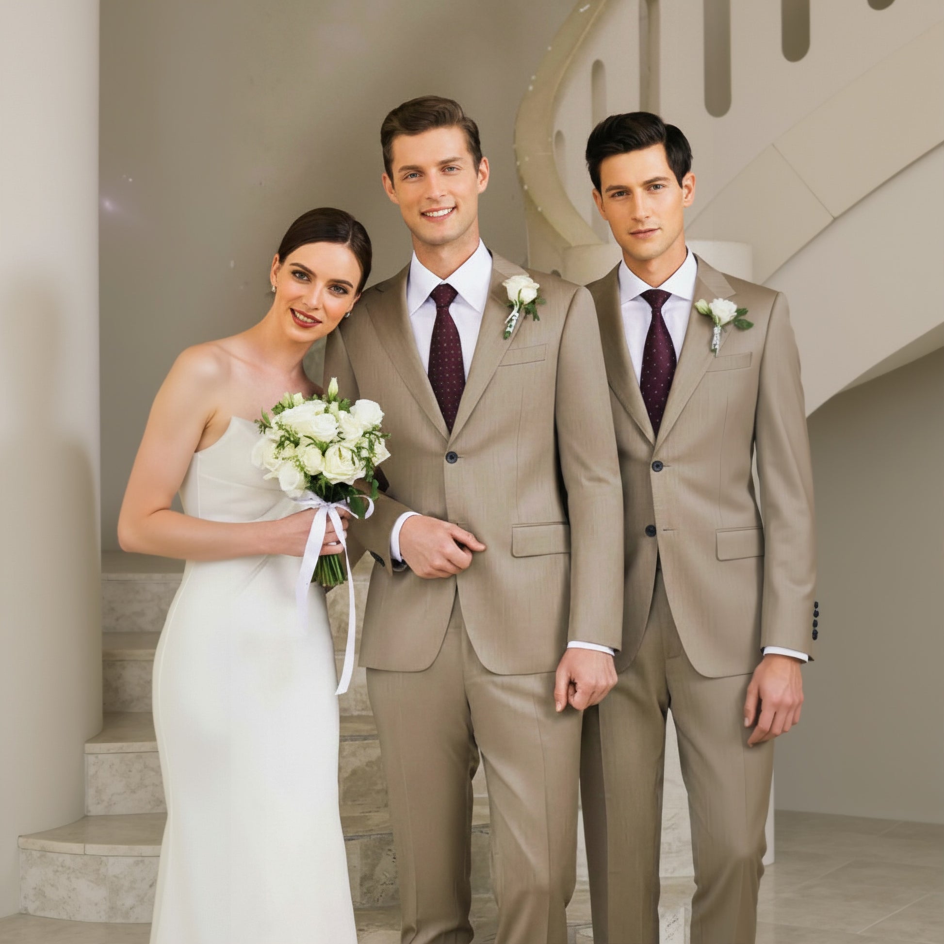 Two men in suits standing with a woman in a wedding dress on a staircase.