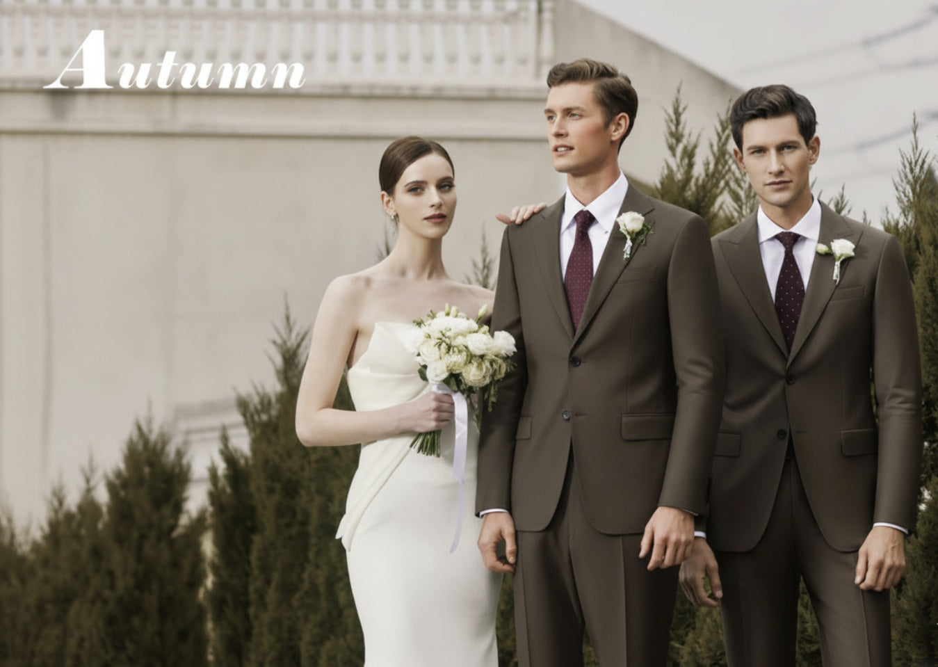 Two men in suits standing with a woman in a wedding dress outdoors, labeled 'Autumn'.