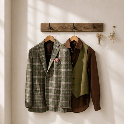 Two men's casual jackets hanging on a rustic wooden wall rack against a sunlit cream wall. The left jacket is an olive green plaid blazer with a pink pocket square, and the right jacket is an olive green vest layered over a brown shirt.