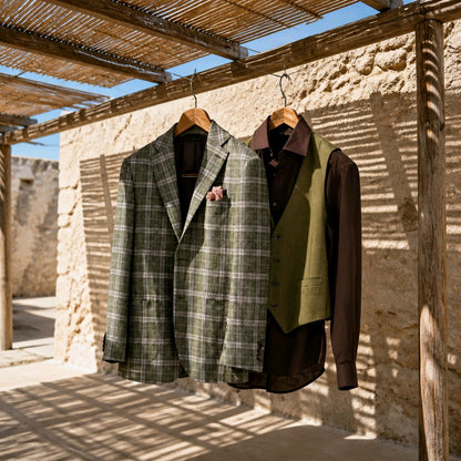 Two men's suits hanging on wooden hangers under a rustic bamboo roof. The suit on the left is an olive green and gray plaid blazer with a pocket square.