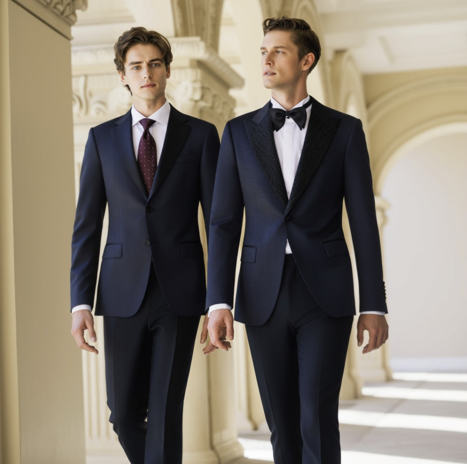 Two men wearing navy tuxedos with single-breasted jackets and contrasting brocade peaked lapels, standing in a columned hallway.