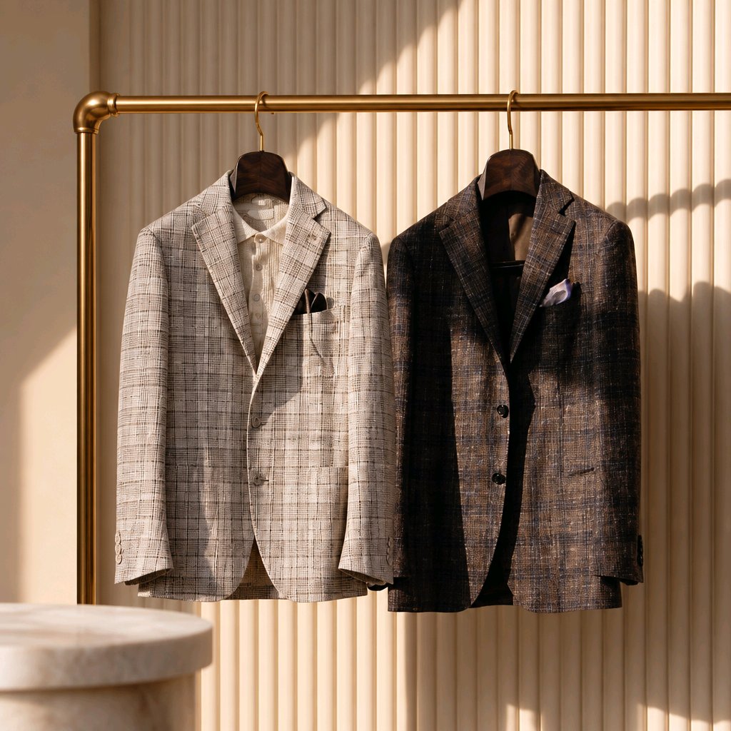 Two tailored blazers hanging on a brass clothing rack against a beige ribbed wall. The left blazer is light beige with a subtle plaid pattern, and the right blazer is dark brown with a darker plaid pattern.