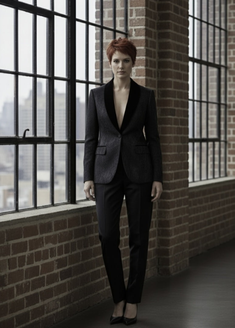 Person wearing a black suit standing in front of large windows with a brick wall background