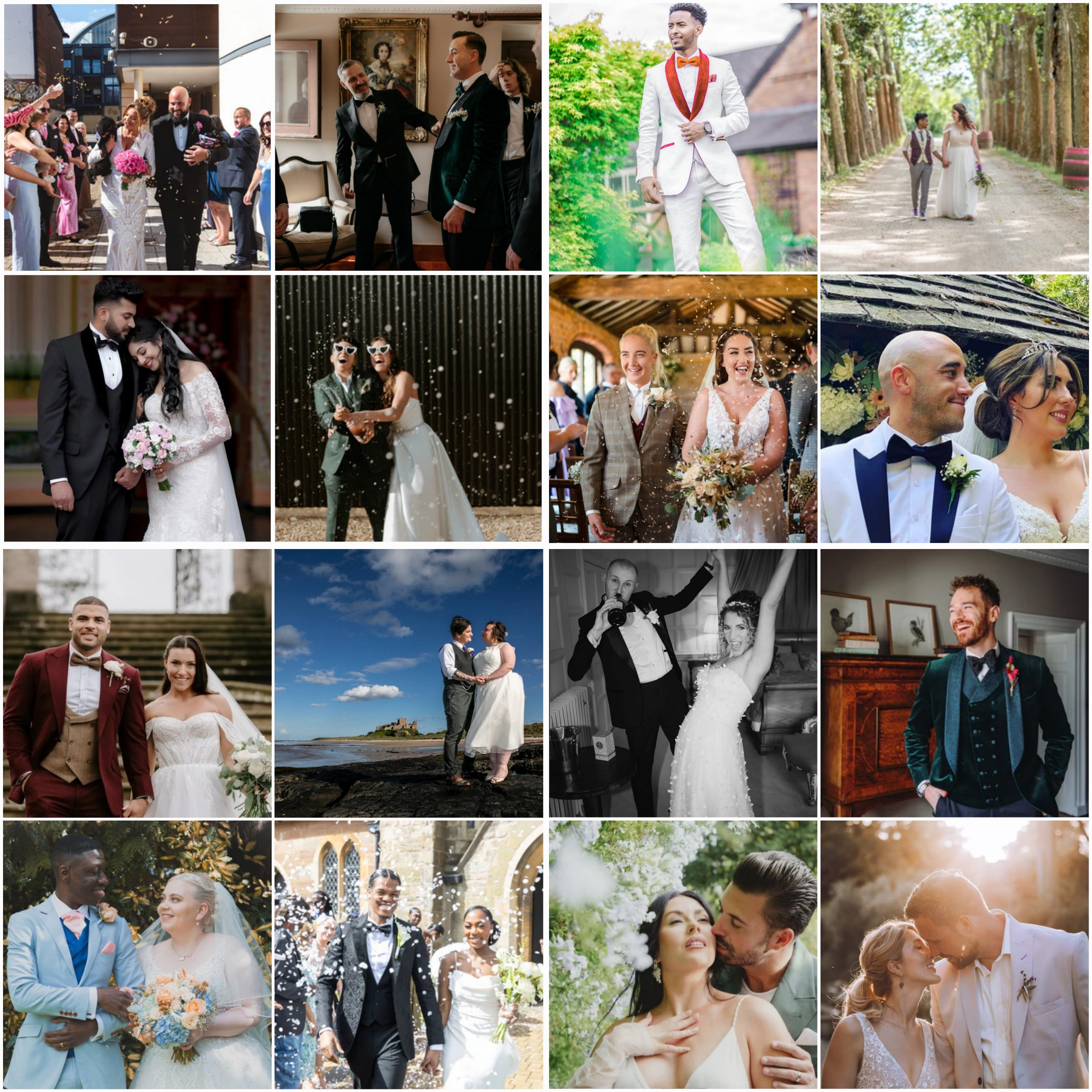 Wedding portfolio collage showing real customers in bespoke suits - grooms in navy, green, grey and white wedding attire