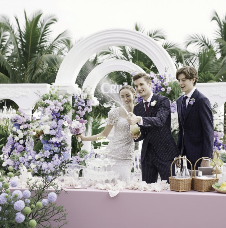 Wedding couple pouring champagne at a decorated outdoor table with floral arrangements and a white arch.