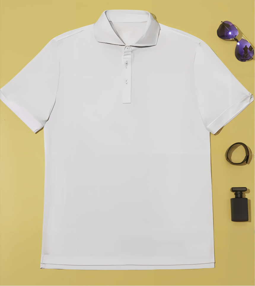White polo shirt with sunglasses, belt, and bottle cap on a yellow background