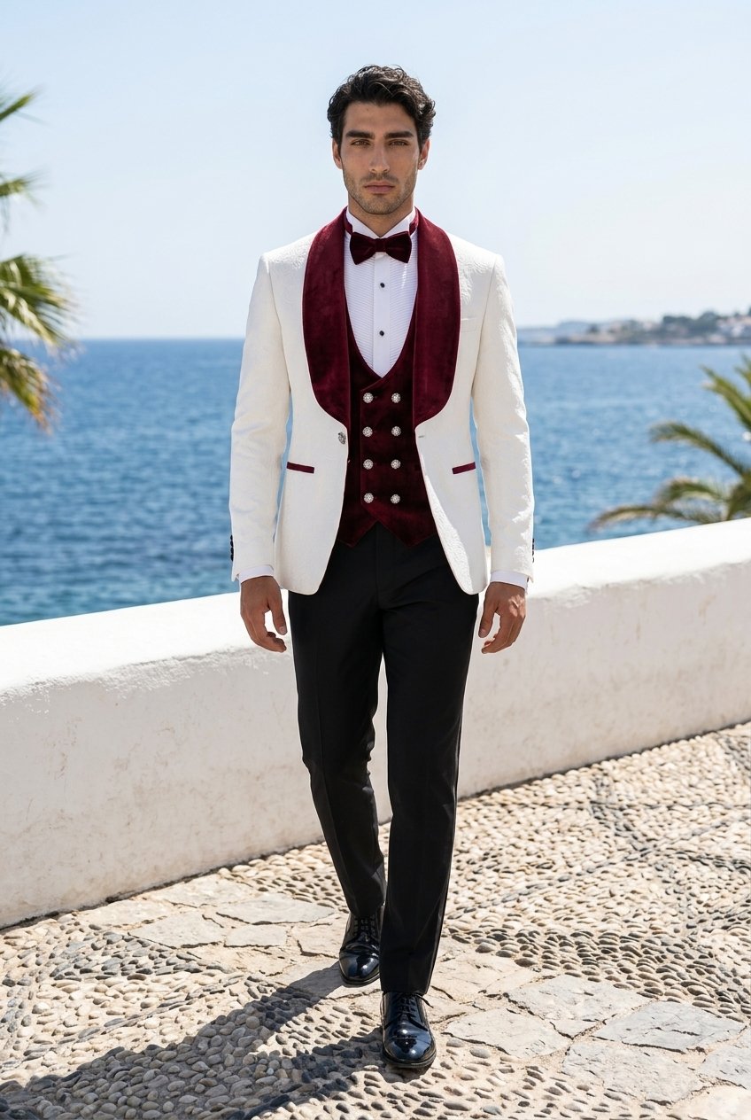 White/Burgundy Velvet Single Breasted Jacquard Tuxedo Jacket + Waistcoat and Black Formal Trousers
