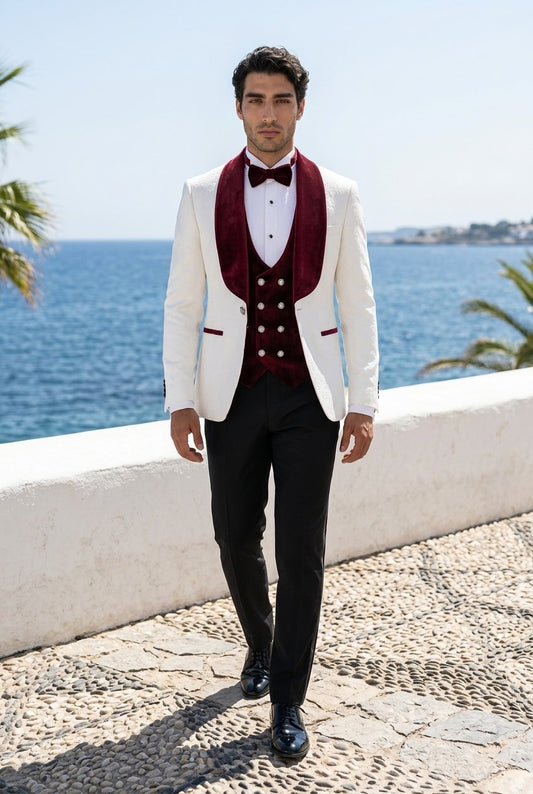 White/Burgundy Velvet Single Breasted Jacquard Tuxedo Jacket + Waistcoat and Black Formal Trousers