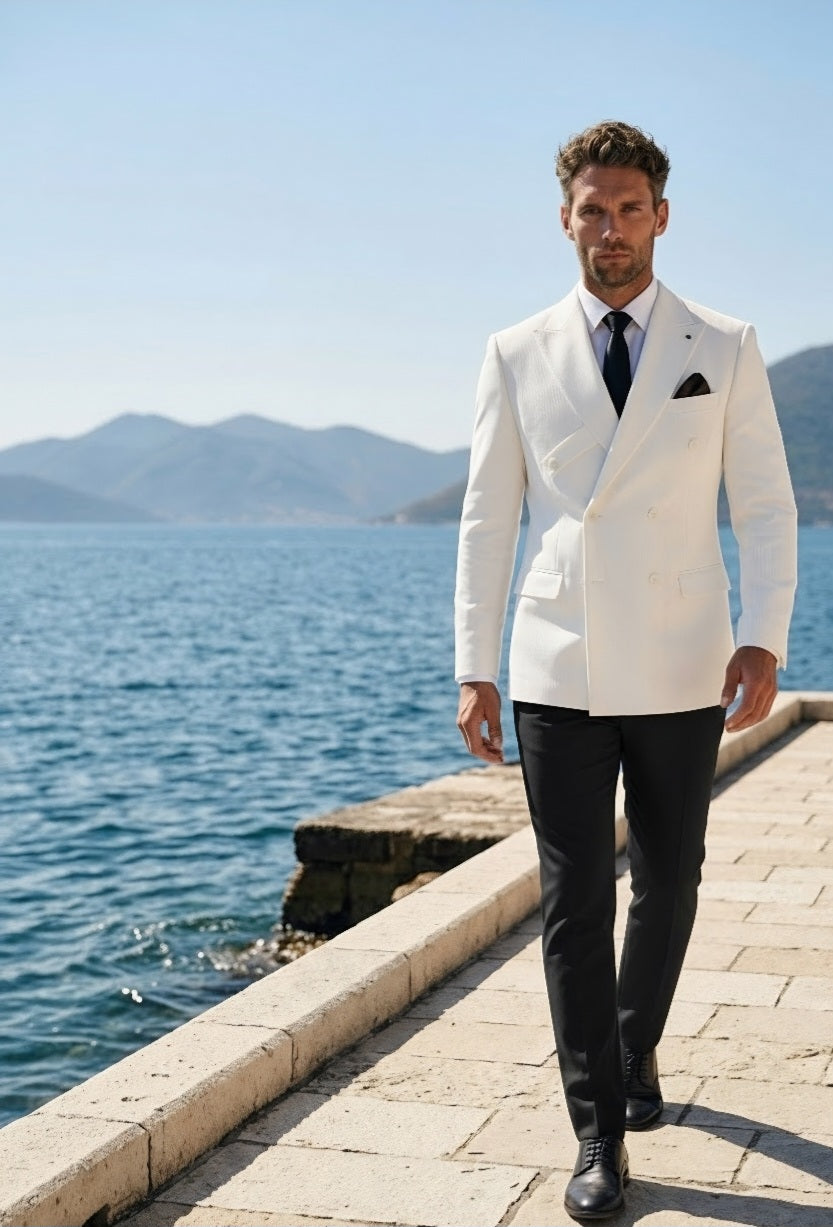 White Double Breasted Tuxedo Jacket and Black Formal Trousers