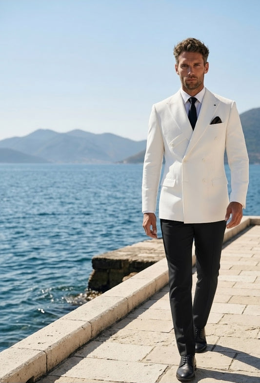 White Double Breasted Tuxedo Jacket and Black Formal Trousers