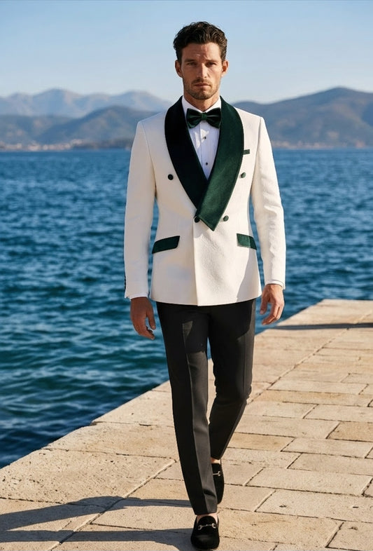 White Jacquard Double Breasted Tuxedo Jacket and Black Formal Trousers