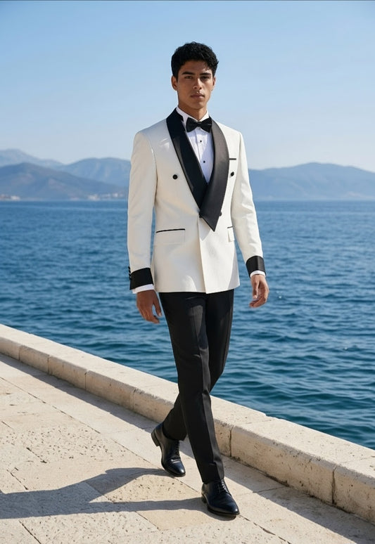 White Jacquard Double Breasted Tuxedo Jacket and Black Formal Trousers