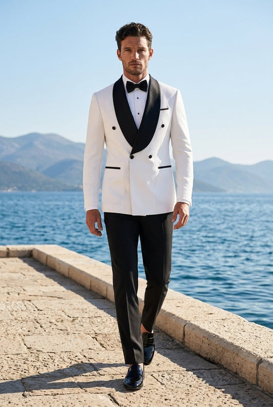 White Jacquard Double Breasted Tuxedo Jacket and Black Formal Trousers / Italian Pure Wool