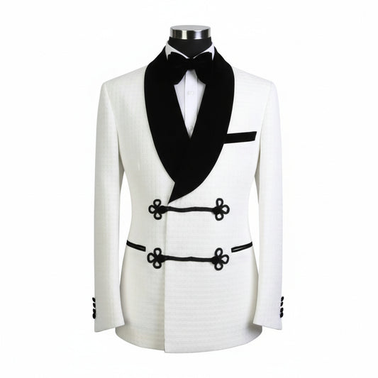 2pc White Jacquard Double Breasted Tuxedo Jacket and Black Formal Trousers / Italian Pure Wool