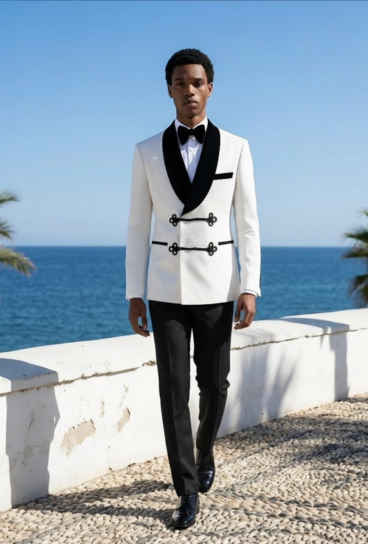 White Jacquard Double Breasted Tuxedo Jacket and Black Formal Trouser