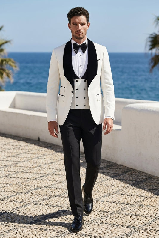 White Jacquard Single Breasted Tuxedo Jacket + Waistcoat and Black Formal Trousers