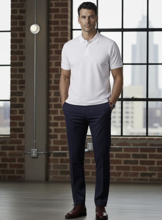 Man wearing a white polo shirt and navy pants standing in a room with large windows and brick walls.