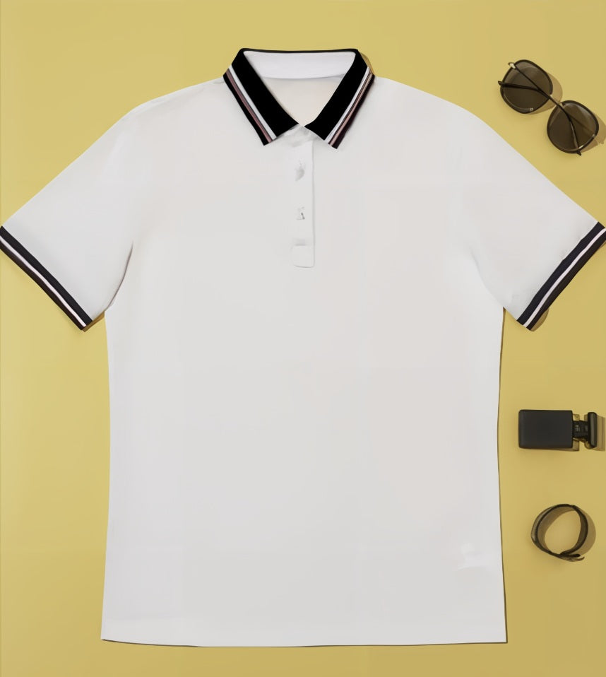 White Navy/Brown Detail / Bespoke Cotton Short Sleeved Polo Shirt/ 100% Cotton